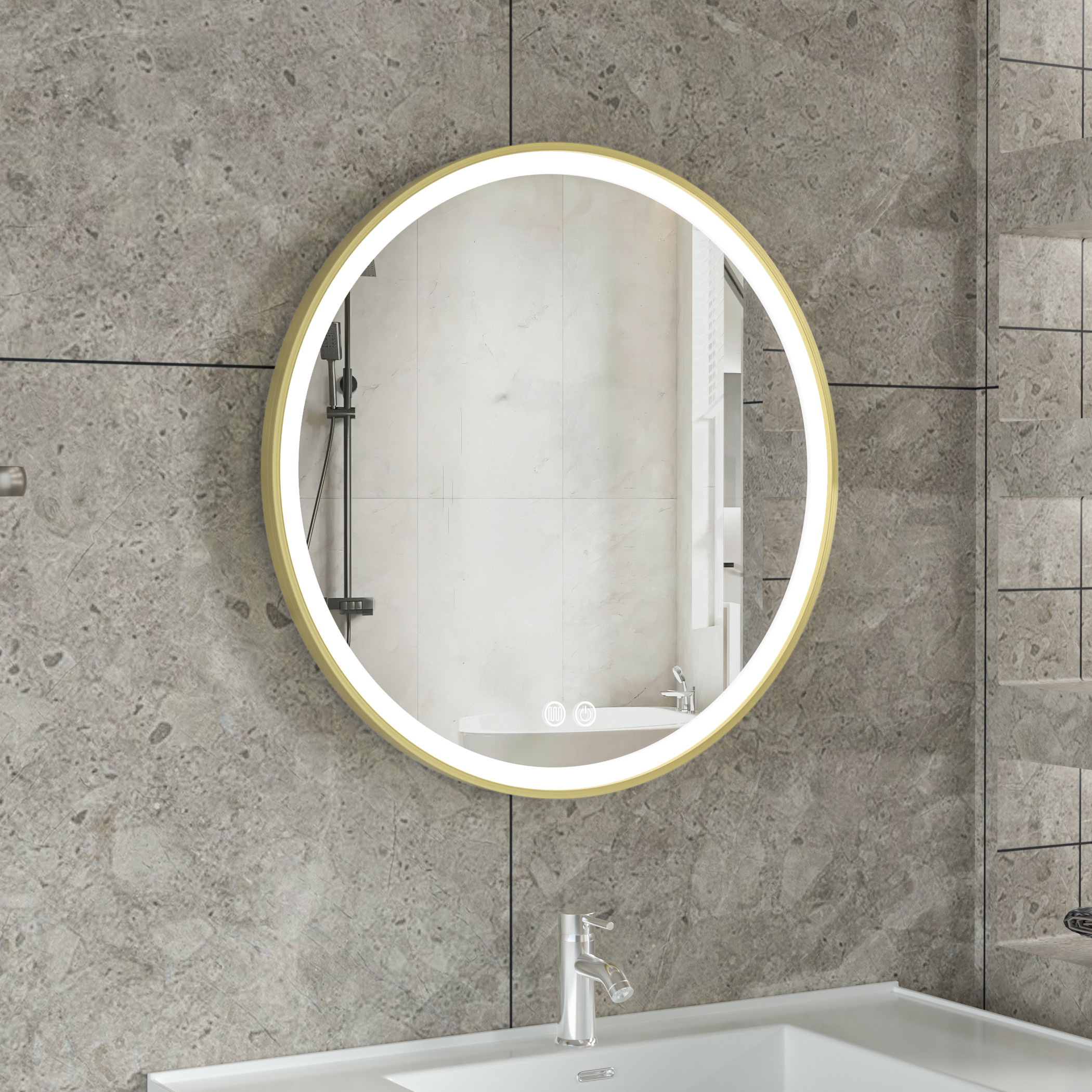 Stilig LED-speil 80x80cm | Gull aluminiumsramme| Antidugg og berøringskontroll Stilig LED-speil 80x80cm | Gull aluminiumsramme| Antidugg og berøringskontroll