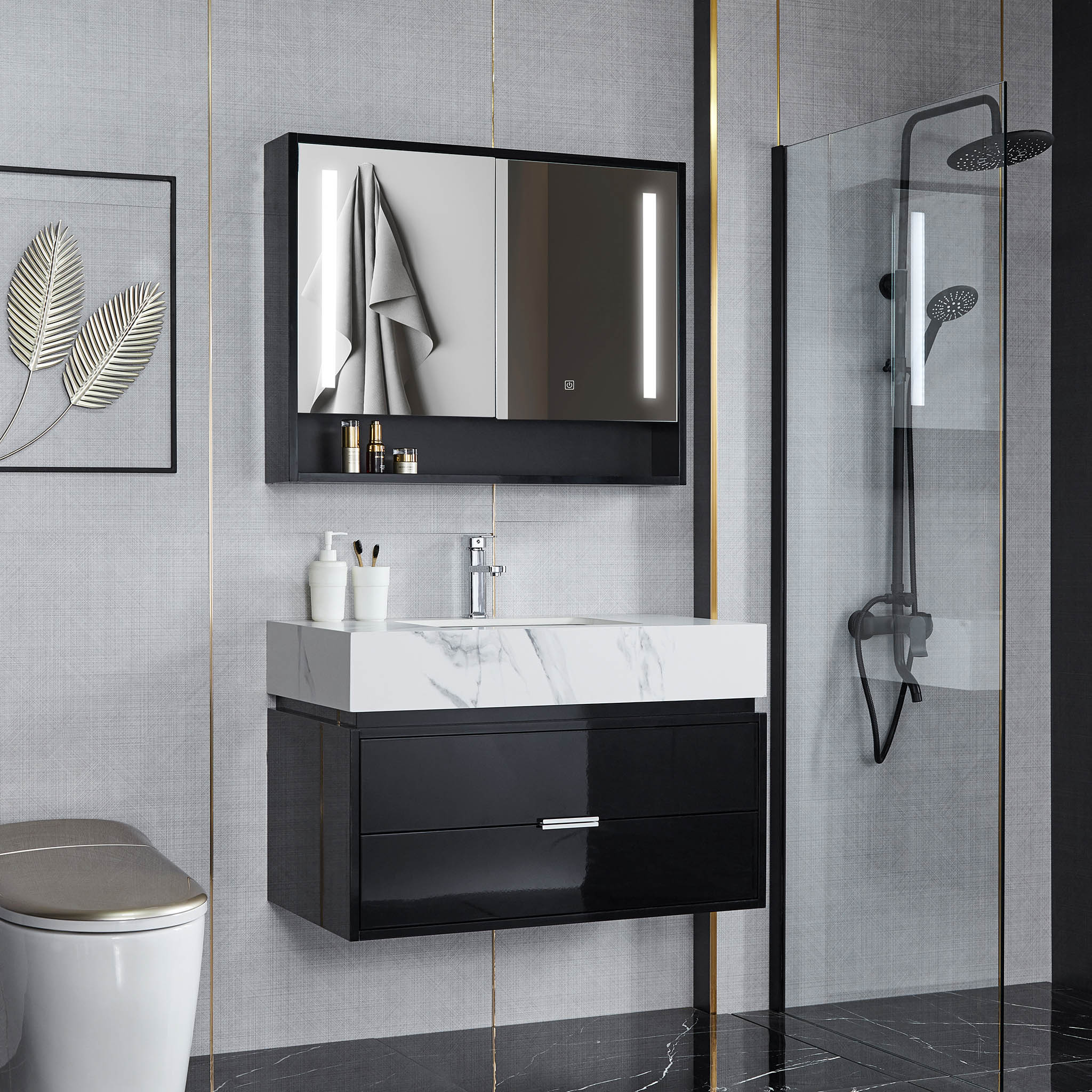 Baderomsmøbler 90cm | LED speilskap | Marmorert benkeplate | Svart Baderomsmøbler 90cm | LED speilskap | Marmorert benkeplate | Svart