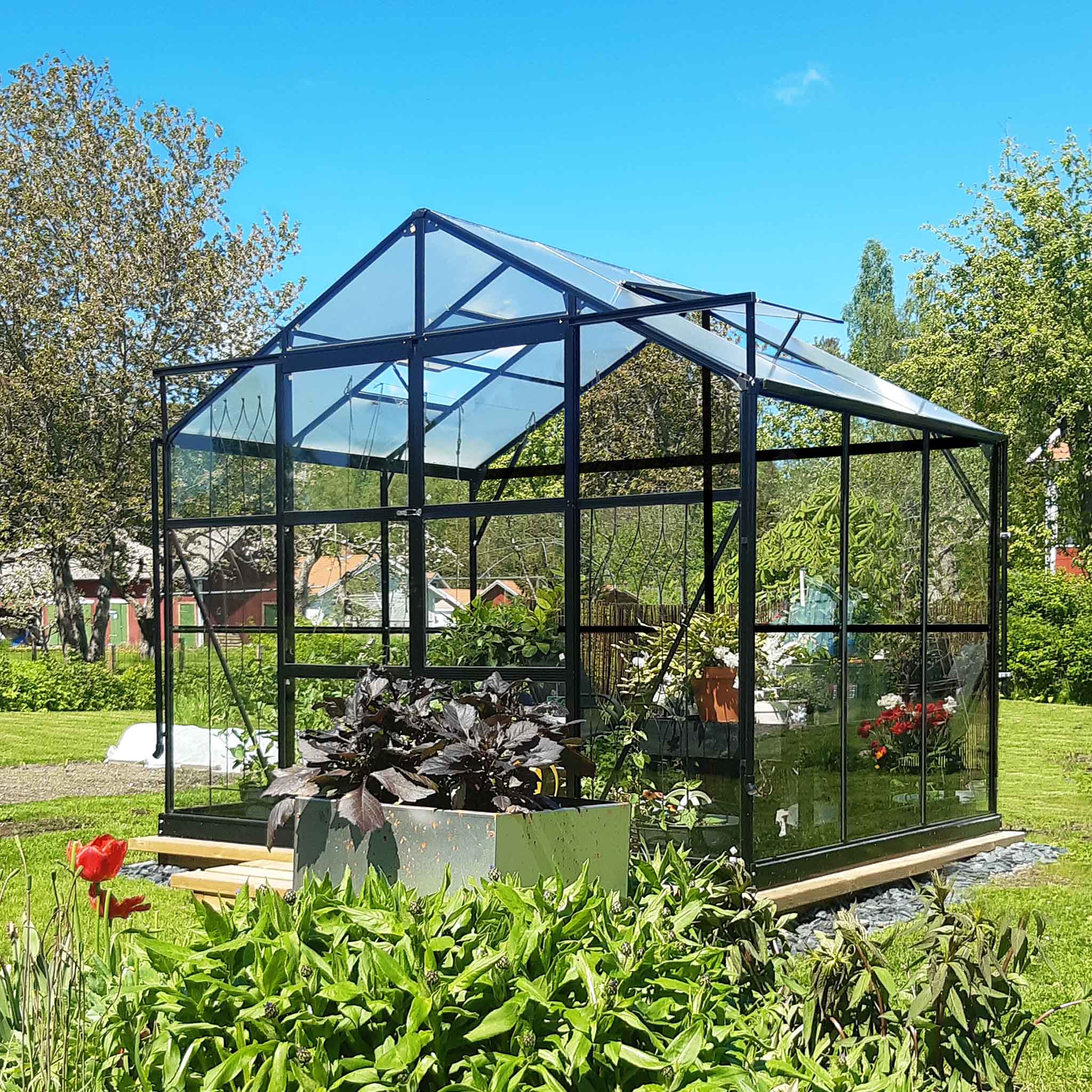 Drivhus i glass 4,9m² | 4mm sikkerhetsglass | Svart