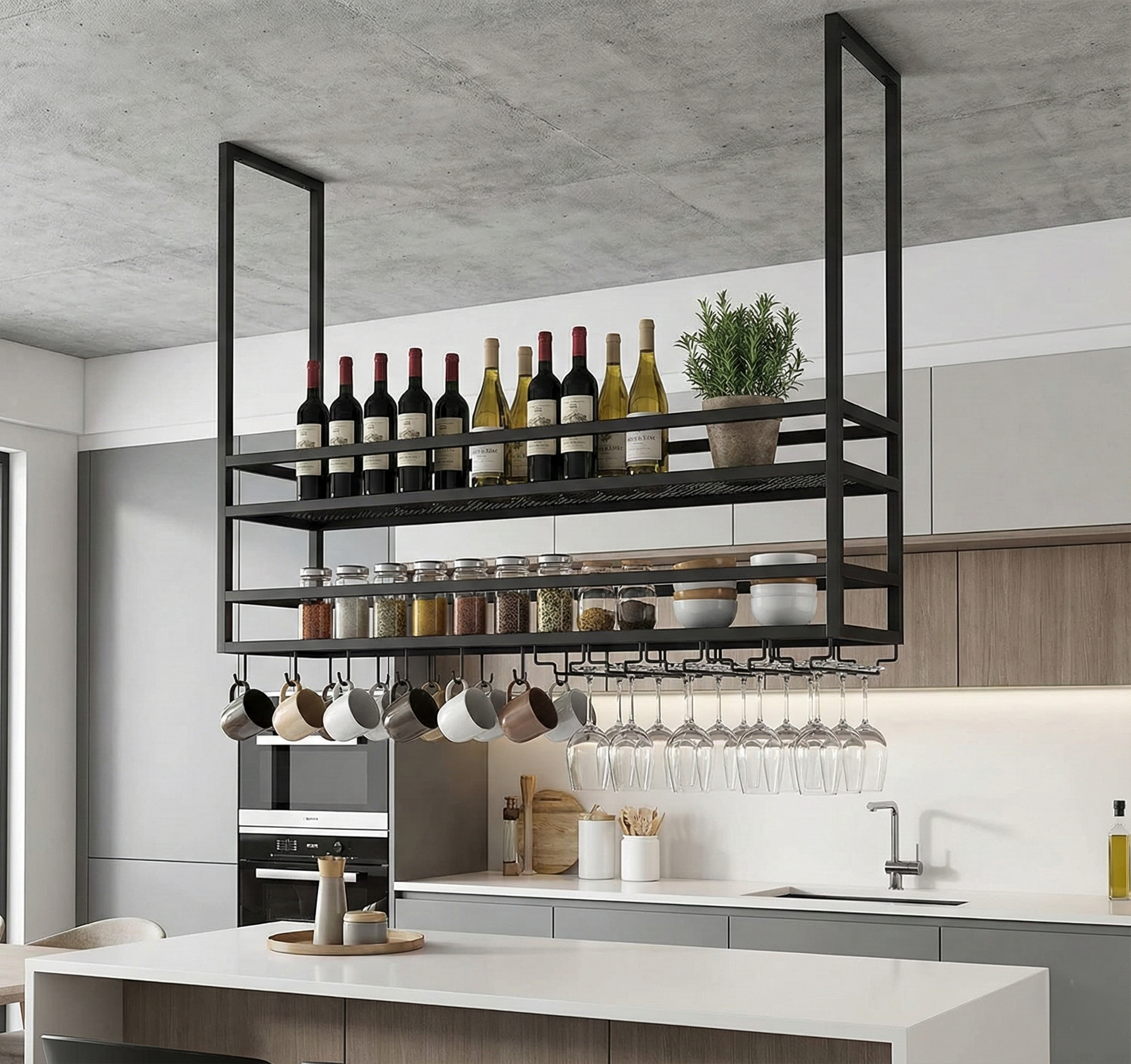 Takhengt vinhylle til kj�kken�y i svart metall | Vin- og vinglassoppbevaring | 120 cm