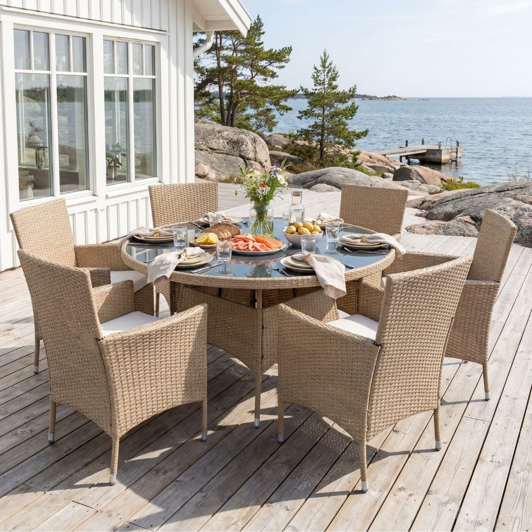 Spisegruppe utem�bler 6 sitteplasser | Rundt bord �135 cm og stoler med puter | Tyl�sand