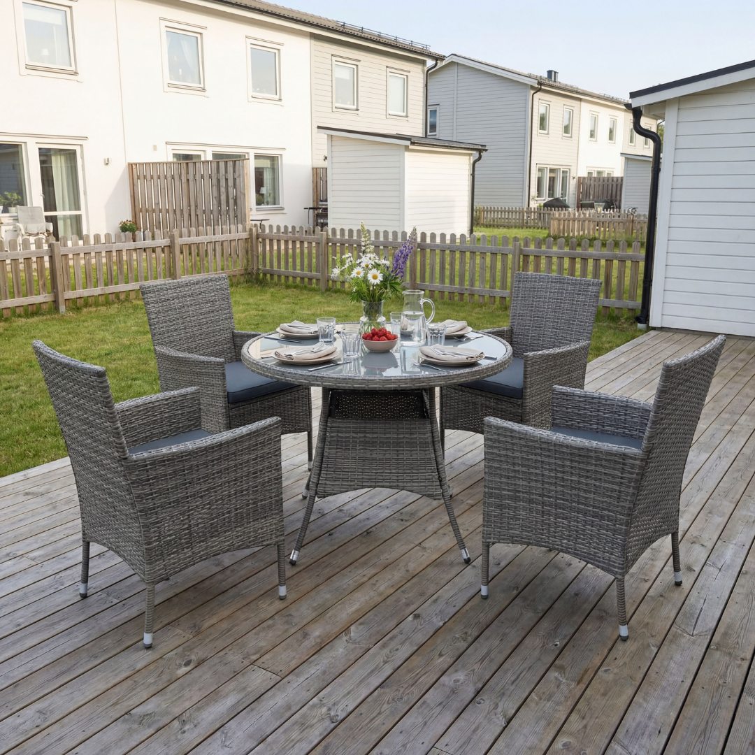 Rund spisegruppe utem�bler | Bord �100 cm og 4 stoler med puter | Tyl�sand gr�