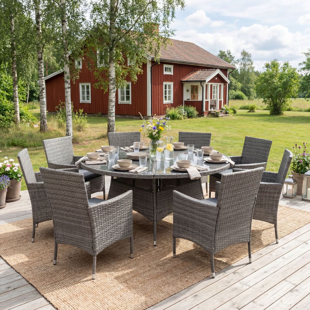 Matgruppe 8 personer | Rundt bord �170 cm | 8 stoler med puter | Tyl�sand gr� kunstrotting