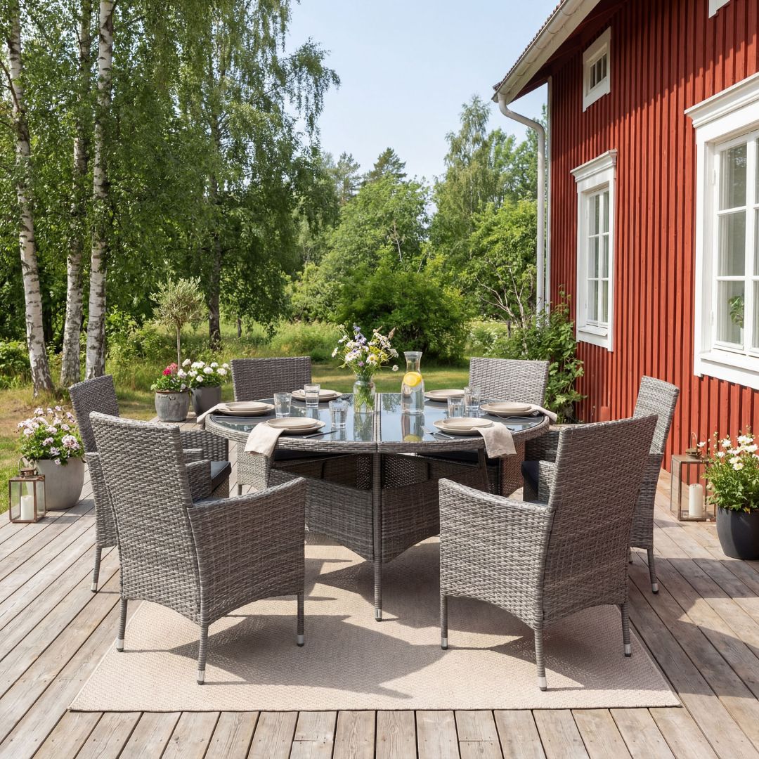 Spisegruppe Tyl�sand gr� � 6 sitteplasser | Rundt bord �135 cm og 6 stoler med puter