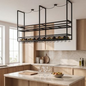 Takhengt vinhylle for kj�kken�y | Vin- og glassholder | 160 � 30 cm | Svart