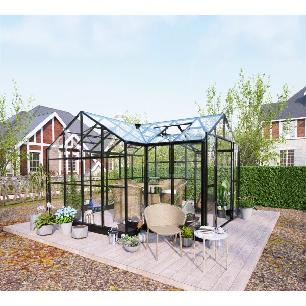 T-formet drivhus 12,4 m� | 4 mm sikkerhetsglass og 6 mm kanalplast