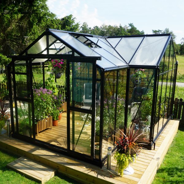 T-formet drivhus i glass 12,8m² | 4mm sikkerhetsglass | 5 års stormgaranti T-formet drivhus i glass 12,8m² | 4mm sikkerhetsglass | 5 års stormgaranti