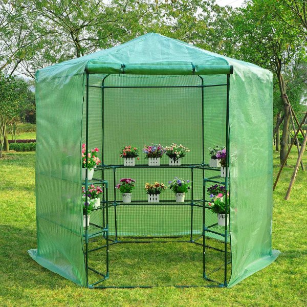 Sekskantet plastdrivhus 3,8m� | St�lramme med PE plastdeksel