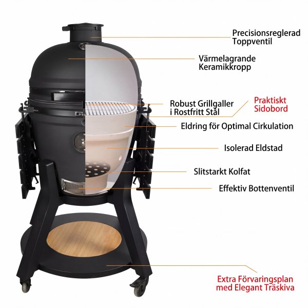 21\\\" Pro Kamado | Premium keramisk grill med topp- og bunnventil | Air Hinge og HDPE-sidebord