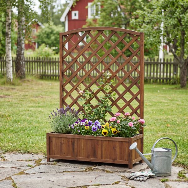 Plantekasse med espalier i tre | 80 � 30 � 120 cm | For klatreplanter | Brun