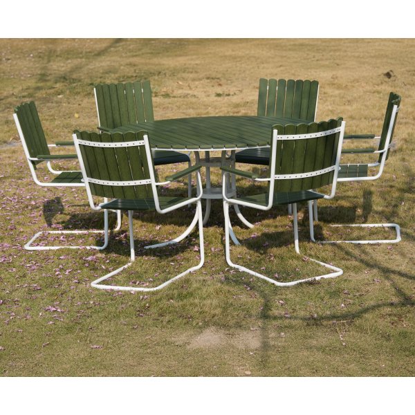 Rund hagem�belgruppe | 6 stoler | �135 cm bord | Gr�nn/hvit | Gl�nta