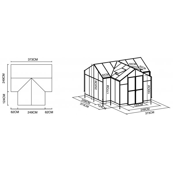 T-formet drivhus 12,4 m� | 4 mm sikkerhetsglass og 6 mm kanalplast