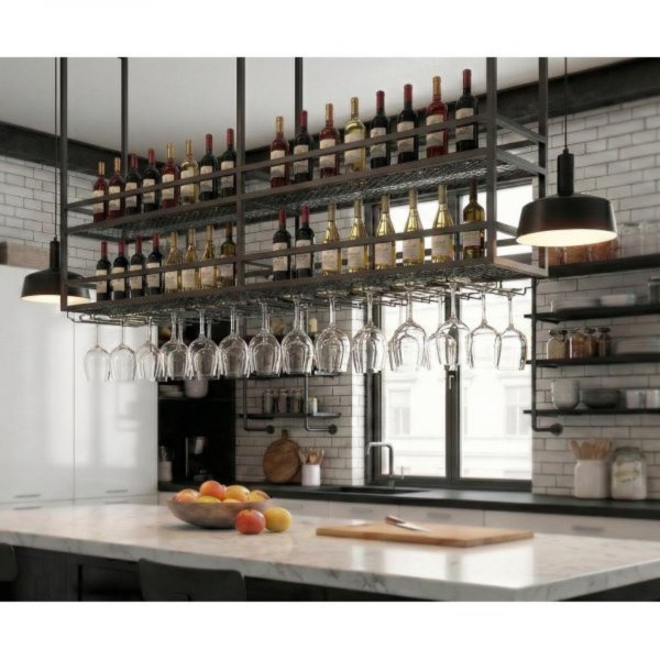 Takhengt vinhylle for kj�kken�y | Vin- og glassholder | 160 � 30 cm | Svart