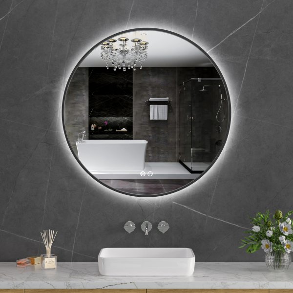 Rund baderomsspeil 80 cm | Svart ram | LED-belysning | Anti-fog og touch-styring Rund baderomsspeil 80 cm | Svart ram | LED-belysning | Anti-fog og touch-styring