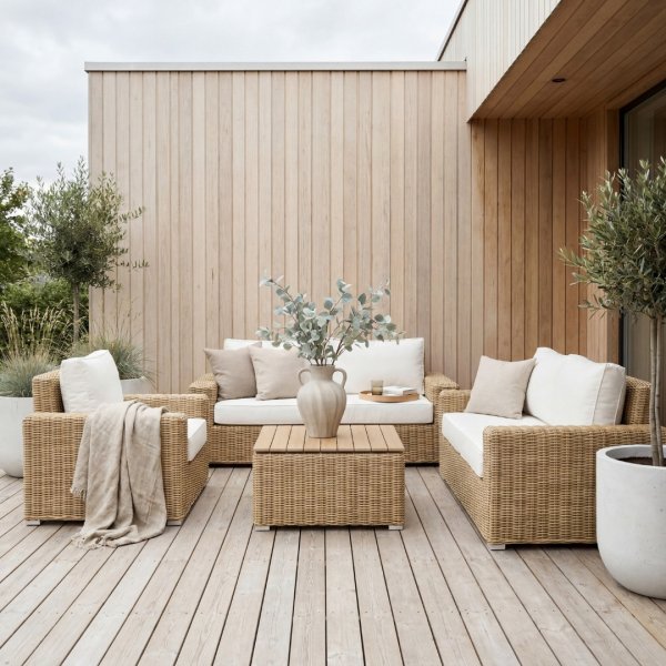 Loungegruppe i rotting � sofa, lenestoler og bord | Puter inkludert | Solena Premium