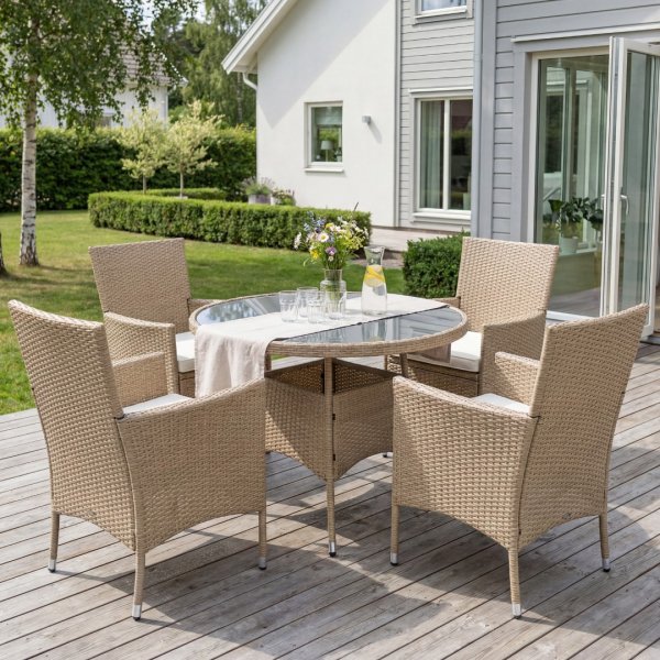 Rund spisegruppe utem�bler | Bord �100 cm og 4 stoler med puter | Tyl�sand beige