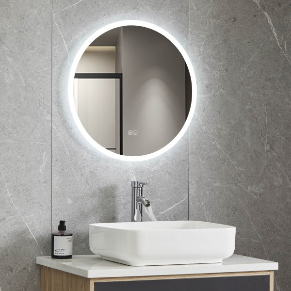 Rundt baderomsspeil med LED-belysning | Antidugg og ber�ringskontroll