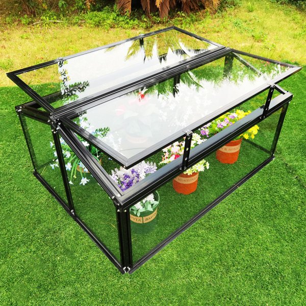 Minidrivhus med to åpningsbare dører V-tak | 4mm sikkerhetsglass | Svart Minidrivhus med to åpningsbare dører V-tak | 4mm sikkerhetsglass | Svart