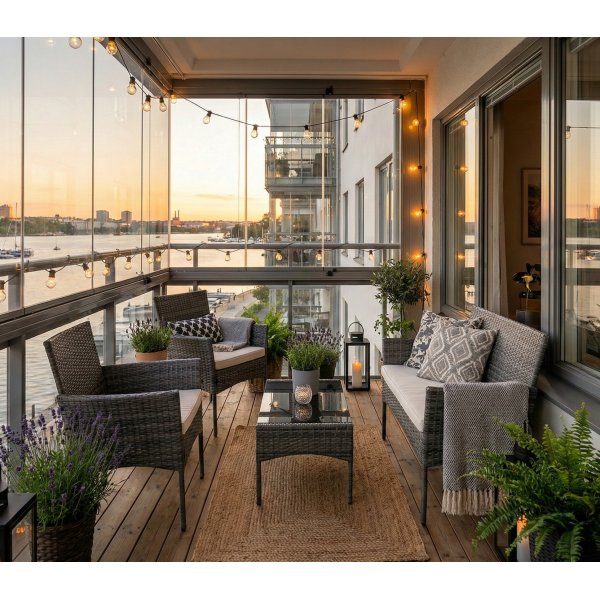 Balkongsett i gr�tt | Komplett m�belsett med bord og sitteplasser | Fj�llbacka