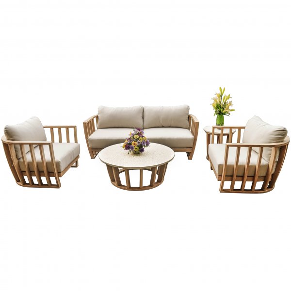 Loungegruppe i akasie og terrazzo | Hagem�bler med puter i lin | Lyfco Storvik | Natur