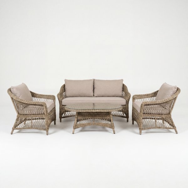 Loungegruppe i naturfarget konstrotting | 4-delt med sofa, lenestoler og bord | Ängsö Loungegruppe i naturfarget konstrotting | 4-delt med sofa, lenestoler og bord | Ängsö