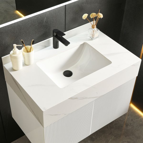 Baderomspakke | Slitesterk sintret stein | LED speil | Cirrus hvit