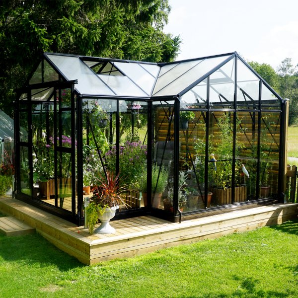 T-formet drivhus i glass 12,8m² | 4mm sikkerhetsglass | 5 års stormgaranti T-formet drivhus i glass 12,8m² | 4mm sikkerhetsglass | 5 års stormgaranti