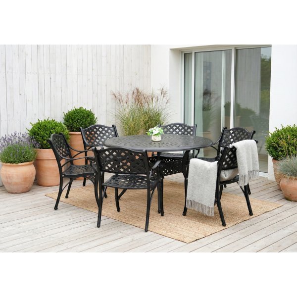 Rund hagemøbelgruppe i aluminium | Ø130 cm | 6 stoler | Svart Rund hagemøbelgruppe i aluminium | Ø130 cm | 6 stoler | Svart
