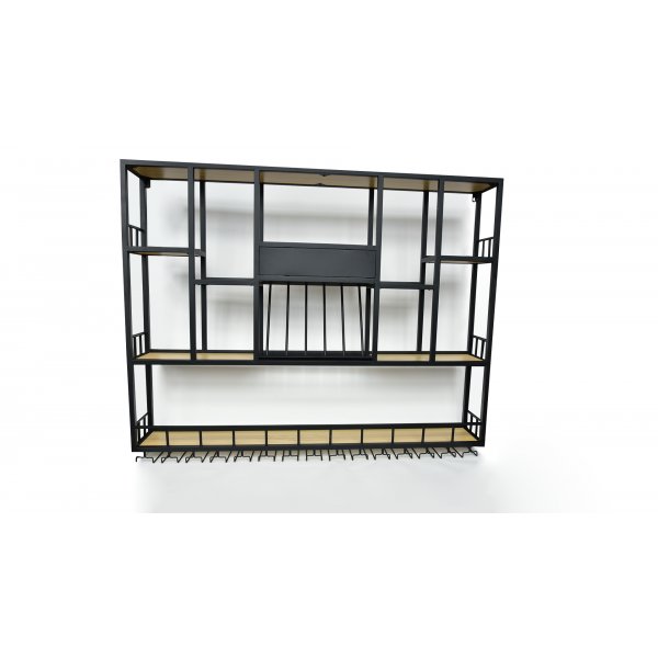 Vegghengt barhylle i svart metall | Oppbevaring for vin, glass og flasker | 150 � 120 cm