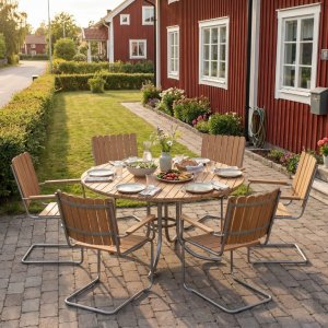 Rund hagem�belgruppe utend�rs | 6 stoler | Metallstoler | �135 cm | Gl�nta