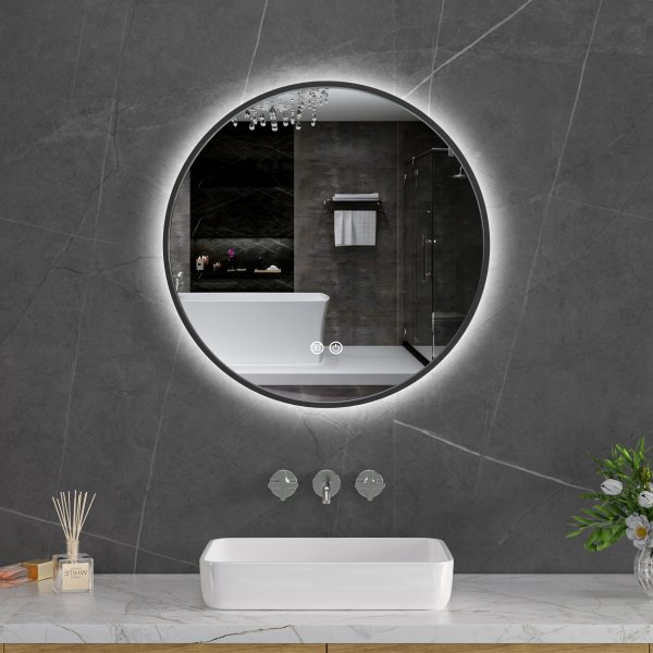 Rund baderomsspeil 60 cm | Svart ram | LED-belysning | Anti-fog og touch-styring Rund baderomsspeil 60 cm | Svart ram | LED-belysning | Anti-fog og touch-styring