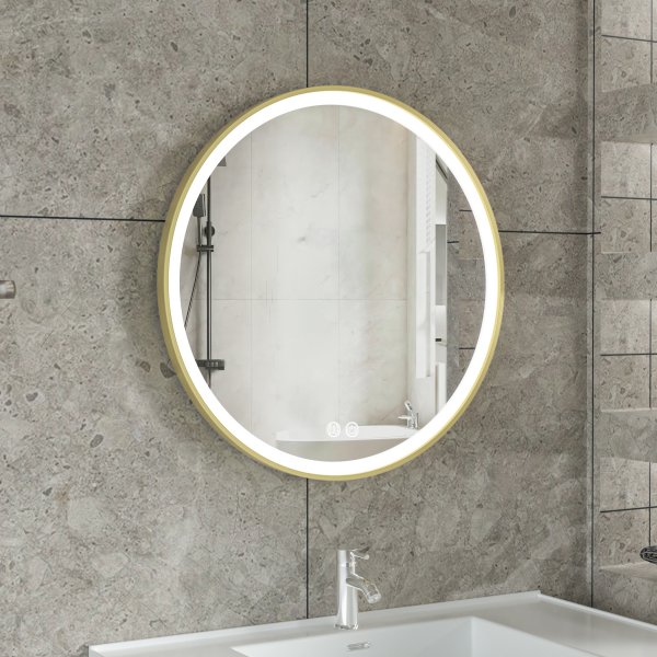 Stilig LED-speil | 60x60 cm | Gull aluminiumsramme | Antidugg og ber�ringskontroll